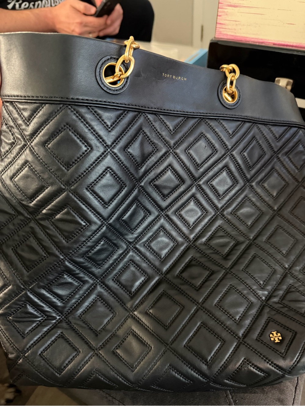 Tory Burch Fleming Black Quilted Leather Tote with Gold Hardware